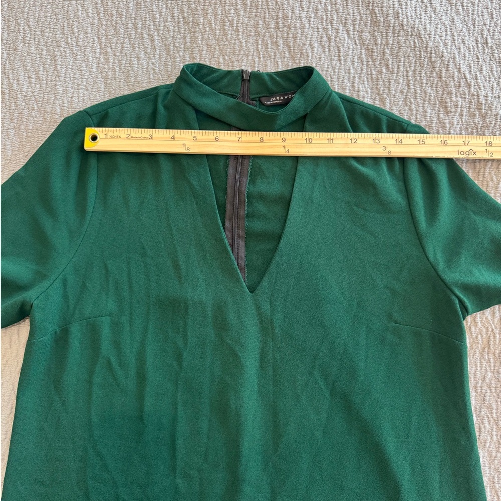 Zara Womens M Choker V Neck Plunge Shift Mini Dress Forest Green Boho Short Fun - Picture 8 of 14